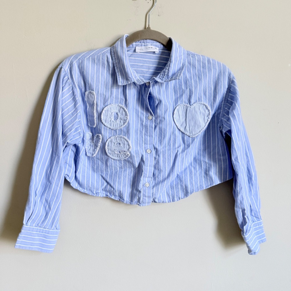 Zara Girls Blue White Striped Cropped Button Up Shirt Love Heart Patch Sz 11-12